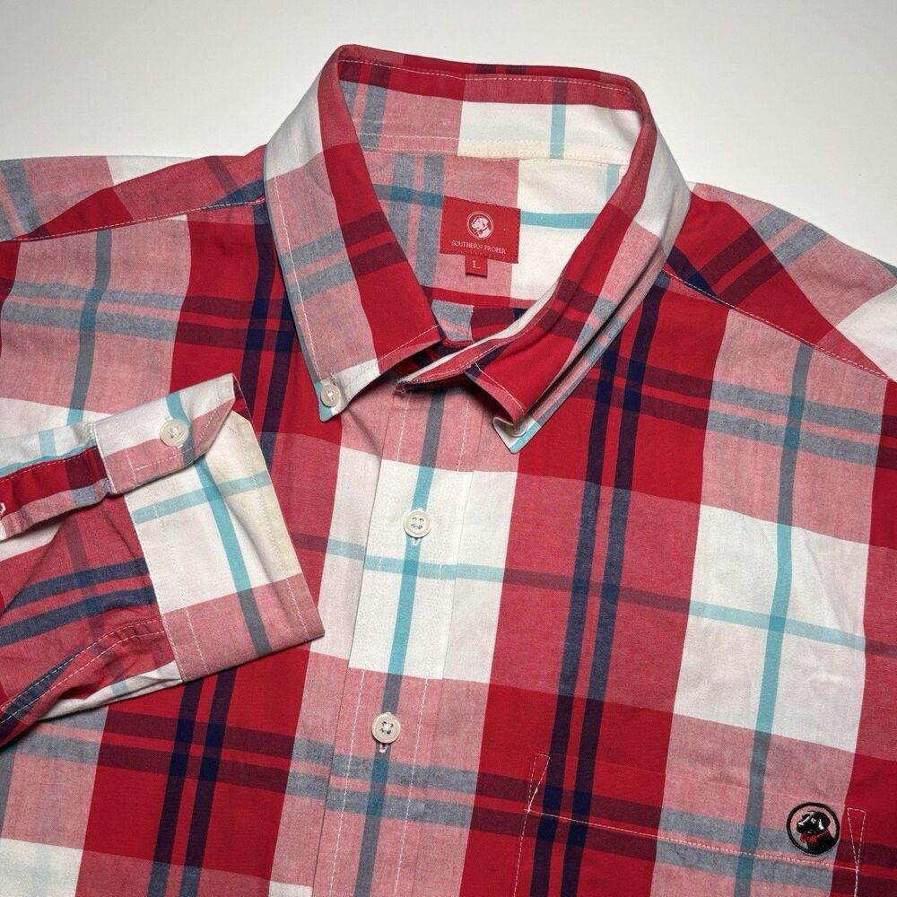 Southern Proper Shirt Red White Blue Picnic Plaid Mens L Button Down Preppy logo